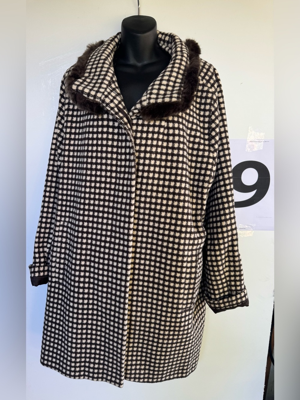 Jones New York Black & Cream Plaid Faux-Fur Collar Pea Coat